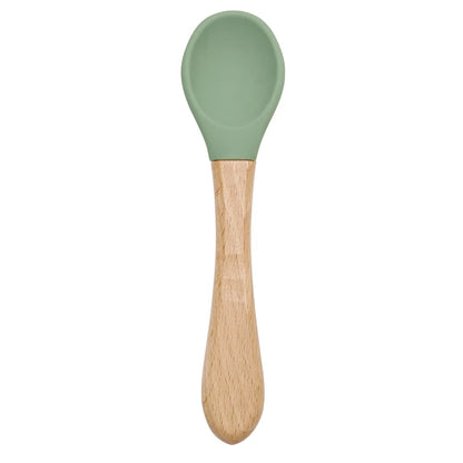 Feeding Wooden Handle Silicone Spoon For Baby Utensils Eat Soild Food Kids Training Manipulative Ability Children's Tableware