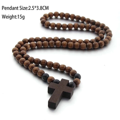 SOMESOOR Natural Wooden Cross Pendant Necklace Bracelet Round Beads Rosary Religious Accessories Jewelry For Men Women Gifts