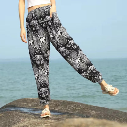 Women's Casual Print Palazzo Pants, Loose Sleep Pyjama Pants, Wide Leg, Thin Shorts, Cropped Pants, Summer Outdoor, ouc1143