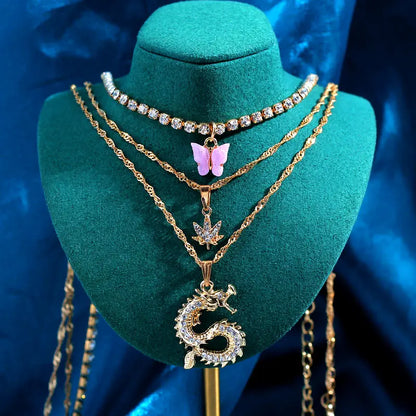 New Multi Layer Butterfly Dragon Charms Crystal Necklaces For Women Punk Golden Angel Letter Clavicle Chain Hiphop Gifts Jewelry