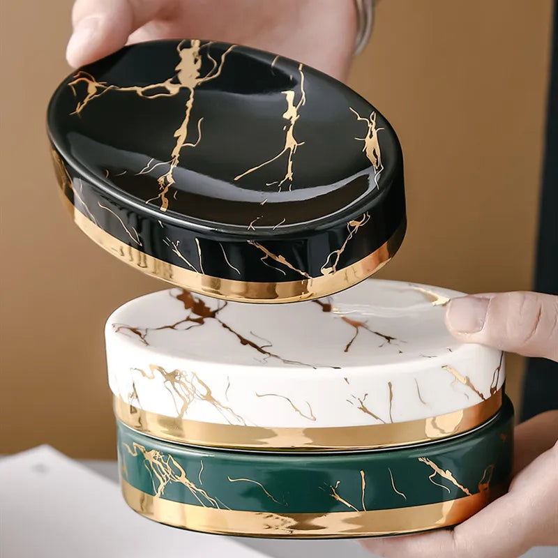 Soap Dish, Marble Look Bar Soap Holder Soap Sponge Tray Soap Case Box Saver for Bathroom Shower Kitchen Sink-  Marble Look