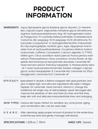 VIBRANT GLAMOUR  PRO+ Retinol Face Serum Upgrade 3% Retinol+3X Peptide+5X Ceramide Repair Skin Firming Collagen Anti-Aging