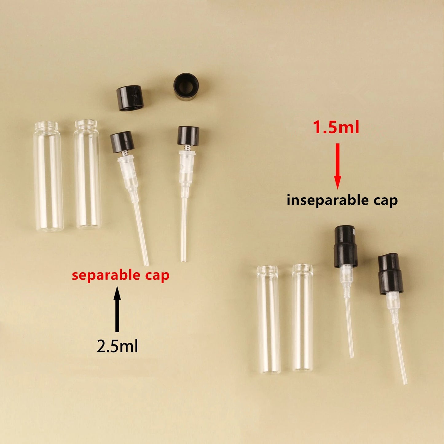 1.5ml 2ml 2.5ml Glass Bayonet bottle with White Black Clear 3 Color Plastic Sprayer Sample Spray Bottle 100pcs