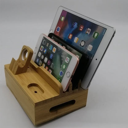 Bamboo Charging Organizer Cord for Phones Desk Wood Docking Stations Electronic Organizer for Cell Phone Tablet