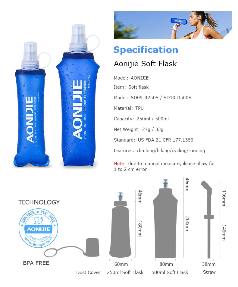 AONIJIE Soft Flask Water Bottle Folding Collapsible Water Bags TPU Free For Running Hydration Pack Waist Bags SD09/10 250/500ml