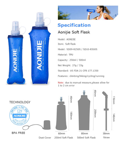 AONIJIE Soft Flask Water Bottle Folding Collapsible Water Bags TPU Free For Running Hydration Pack Waist Bags SD09/10 250/500ml