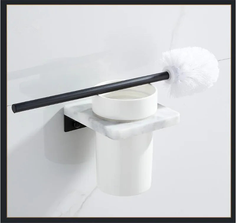 Bathroom Accessories Set Black Bathroom Shelf,Towel Rack,Towel Hanger Paper holder,Toilet Brush Holder Marble & Brass