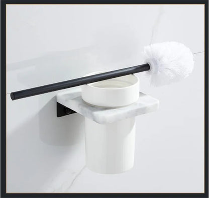 Bathroom Accessories Set Black Bathroom Shelf,Towel Rack,Towel Hanger Paper holder,Toilet Brush Holder Marble & Brass