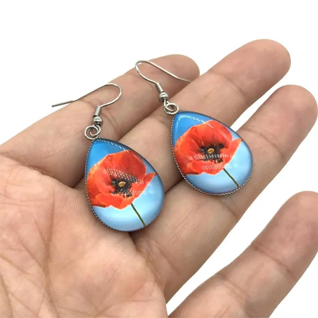 2021 Blue Floral Paintings Glass Cabochon Tear Drop Dangle Hook Earrings Handmade Crafts Jewelry