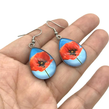 2021 Blue Floral Paintings Glass Cabochon Tear Drop Dangle Hook Earrings Handmade Crafts Jewelry