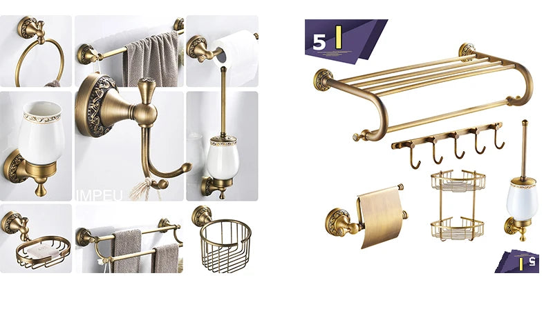 Bathroom Accessories Antique Brass Collection, Towel Ring, Paper Holder, Toilet Brush, Coat Hook, Bath Rack, Soap Dish, Faucet