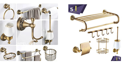 Bathroom Accessories Antique Brass Collection, Towel Ring, Paper Holder, Toilet Brush, Coat Hook, Bath Rack, Soap Dish, Faucet