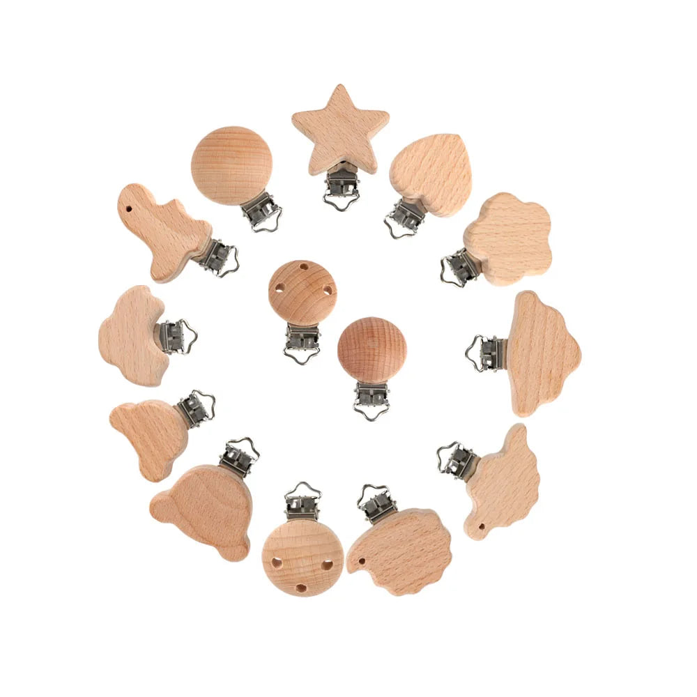 Kovict 5Pcs 19 Styles Beech Wooden Clips Metal Bracket DIY Pacifier Chain Handmade Crafts Accessories