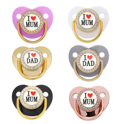 Newborn Pacifier Baby Shower Gift Bling Baby Dummy Silicone BPA Free Infant Nipple New Born Pacifiers For Babies I Love Mum Dad