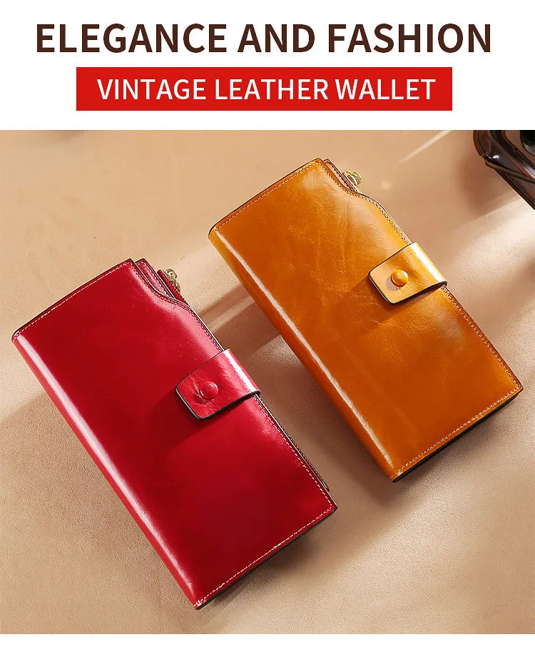 RFID Blocking 100% Genuine Leather Women Wallet Long Lady Purse Brand Design Luxury Bag Oil Wax Card Holder Female Coin Clips