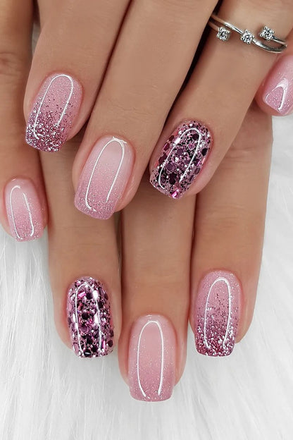 24Pcs Medium Short Square False Nails Glittering Nail Art White Wearable Fake Nail Silver French Full Cover Press on Nail Tips