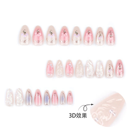 24Pcs Pink Almond False Nails Butterfly Ballet with French Design Wearable Fake Nails Simple Artificial Press on Nails Tips Art