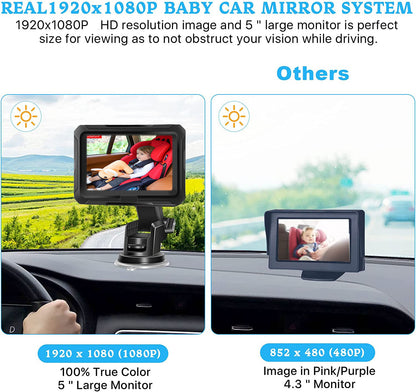 Car Rear View Monitor 4.3'' HD 1080P Screen Baby Car Mirror Adjustable Wide View Angle for Infants Kids Pets Night Vision Camera