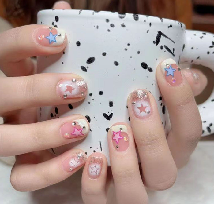 24pcs Detachable Short Press on Nails Y2k rhinestone False Nails with Glue Ballet Sweet Cool Girls Artificial False Nails Tips