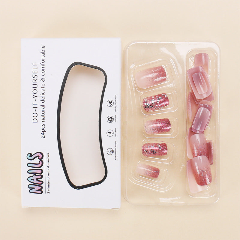 24Pcs Medium Short Square False Nails Glittering Nail Art White Wearable Fake Nail Silver French Full Cover Press on Nail Tips