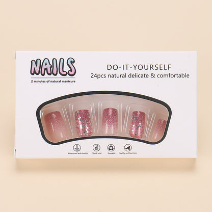 24Pcs Medium Short Square False Nails Glittering Nail Art White Wearable Fake Nail Silver French Full Cover Press on Nail Tips