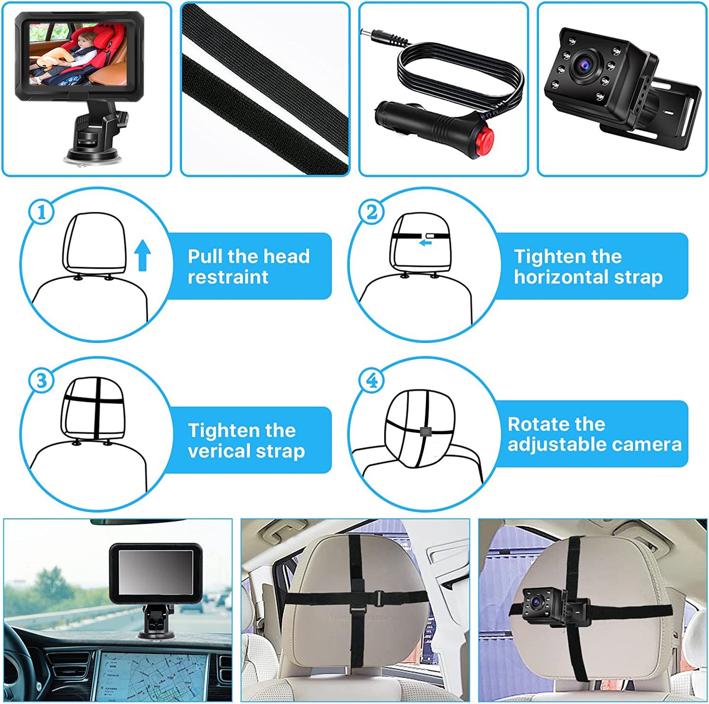 Car Rear View Monitor 4.3'' HD 1080P Screen Baby Car Mirror Adjustable Wide View Angle for Infants Kids Pets Night Vision Camera