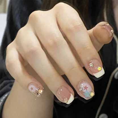 24pcs Detachable Short Press on Nails Y2k rhinestone False Nails with Glue Ballet Sweet Cool Girls Artificial False Nails Tips