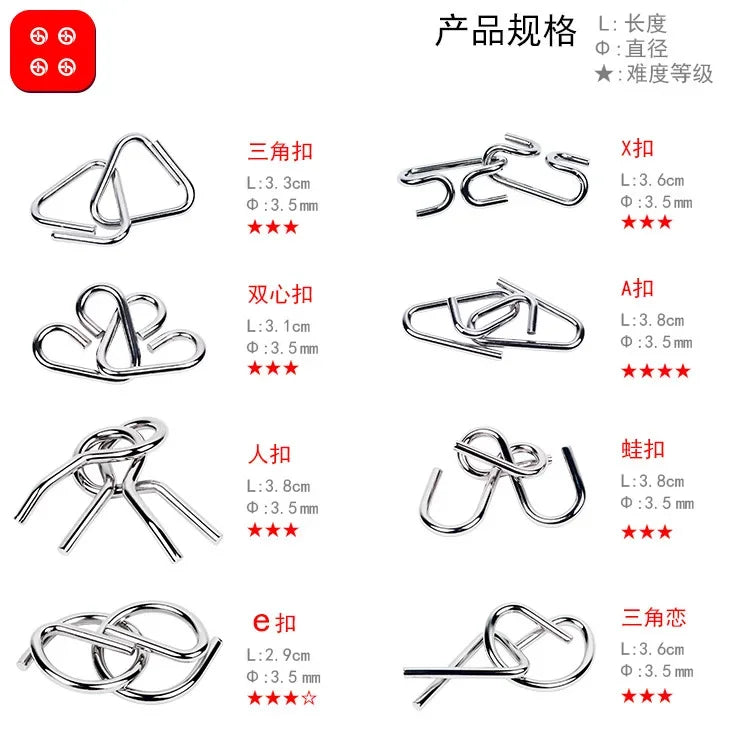 8Pcs/Set Metal Montessori Puzzle Wire Mind Brain Teaser Puzzles Children Adults Interactive Game Reliever Educational Toys