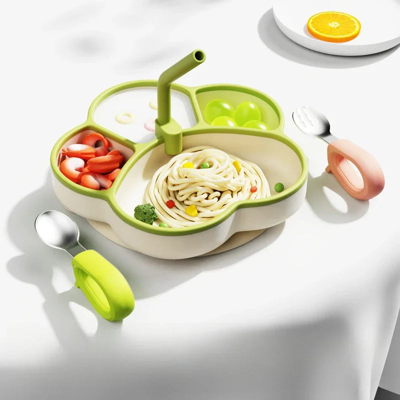 Baby Silicone Dining Plate with Baby Feeding Toddler Training Tableware Straw Cute Cat Claw Child Dishes Kids Plate Dishes Bowl