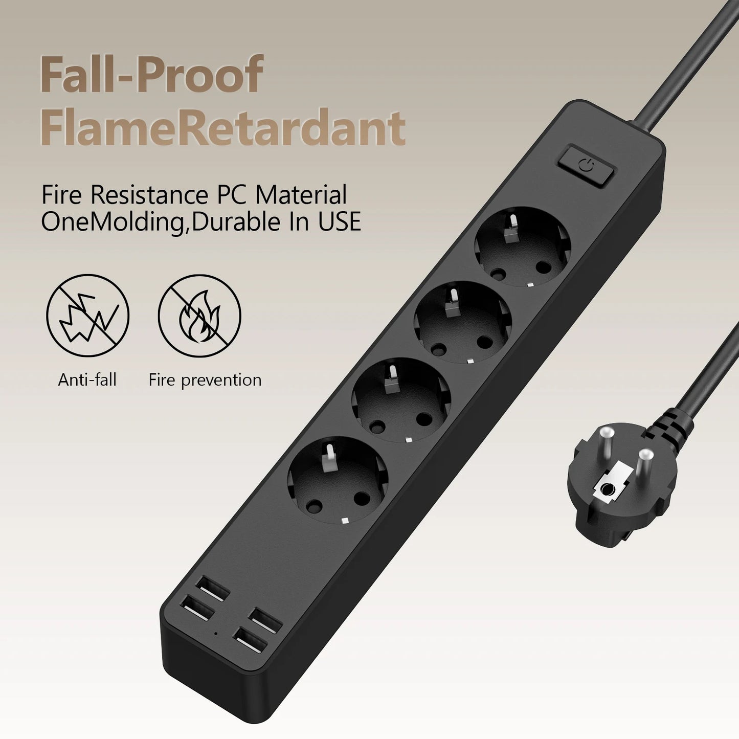 EU Electrical Socket With Safety Switch Power Strip 1.5M Extension Cable Overload Protection USB A Port Charging  On Home  2500W