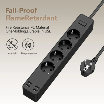 EU Electrical Socket With Safety Switch Power Strip 1.5M Extension Cable Overload Protection USB A Port Charging  On Home  2500W