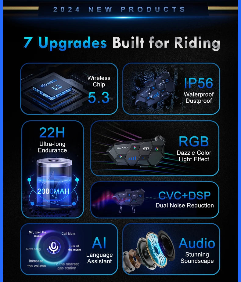 Y10 Motorcycle Helmet Bluetooth Headset 2000Mah Super Long Standby Wireless Hands-free Waterproof Motorbike Earphone