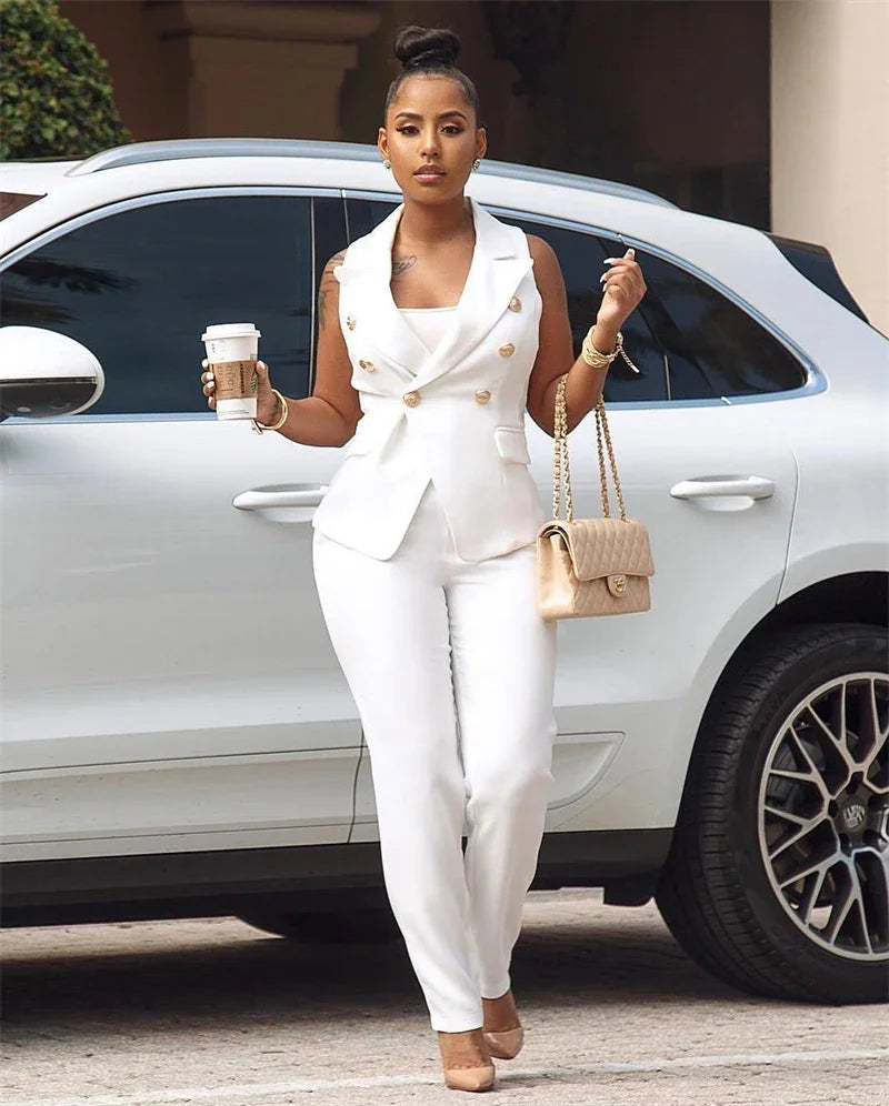 Business OL Work Wear Two Piece Pant Suits for Women Set Elegant Sleeveless Blazer Top + Pencil Pants Office Lady Matching Sets
