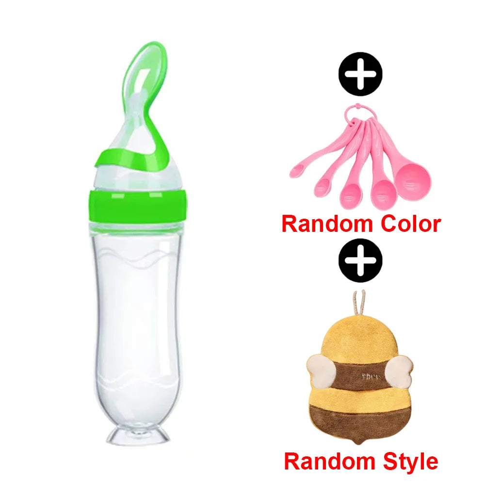 Infant Baby Squeezing Feeding Spoon Baby Silicone Baby Feeding Vegetable Fruit Bottle Baby Dish Scale spoon & hand towel set