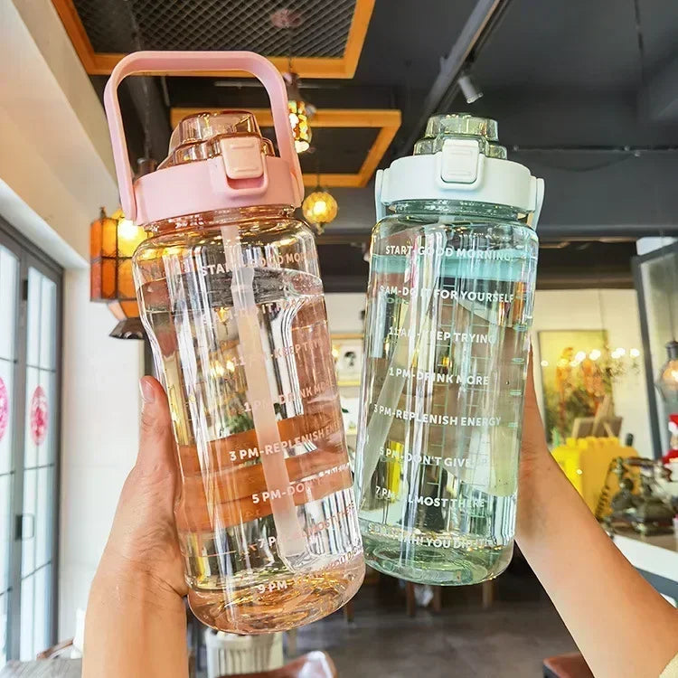 2L Large Capacity Plastic Straw Water Bottle with Time Marker Leak-Proof Design for Outdoor Sports Fitness Travel Hydration Cup