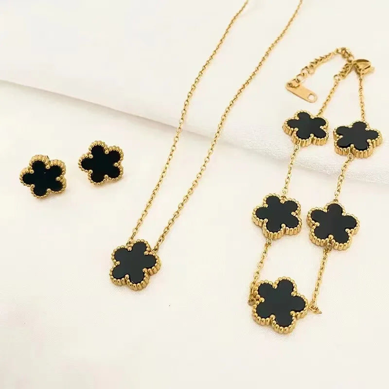 3Pcs Stainless Steel 316L Luxury Plum Blossom Plant Five Leaf Flower Necklace Earrings Bracelet For Women Gift Jewelry Sets