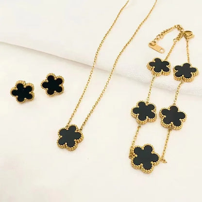 3Pcs Stainless Steel 316L Luxury Plum Blossom Plant Five Leaf Flower Necklace Earrings Bracelet For Women Gift Jewelry Sets