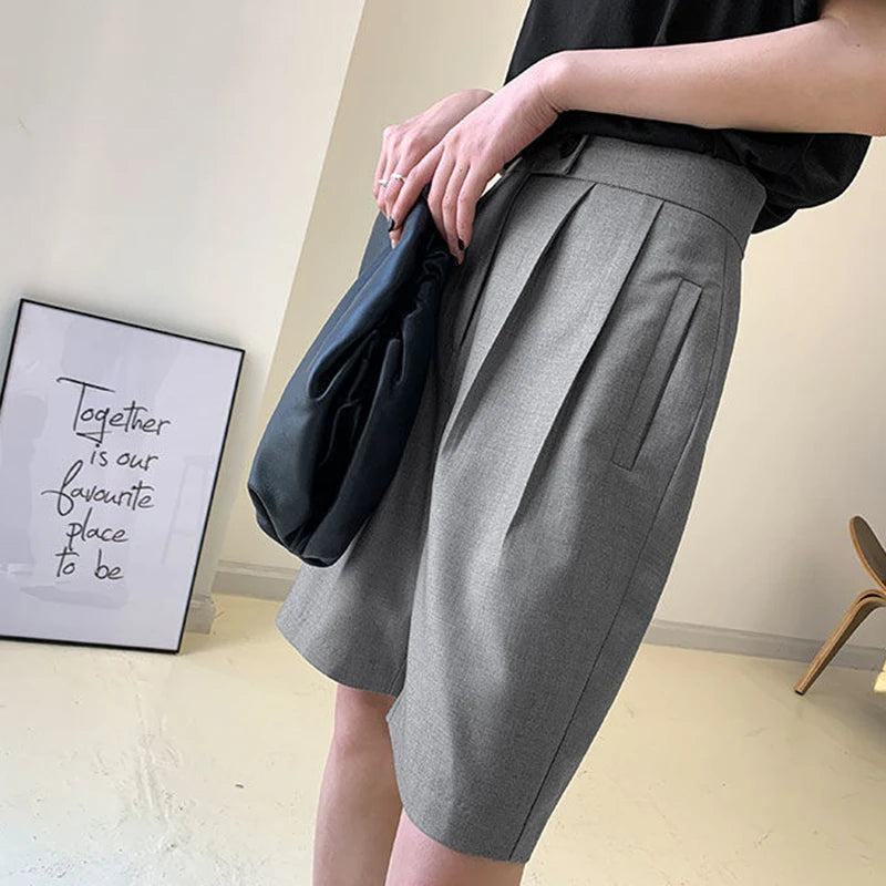 Korean Office Suits Shorts for Women Fashion Double-buttons High Waist Knee-length Pants Woman 2023 Summer Casual Short