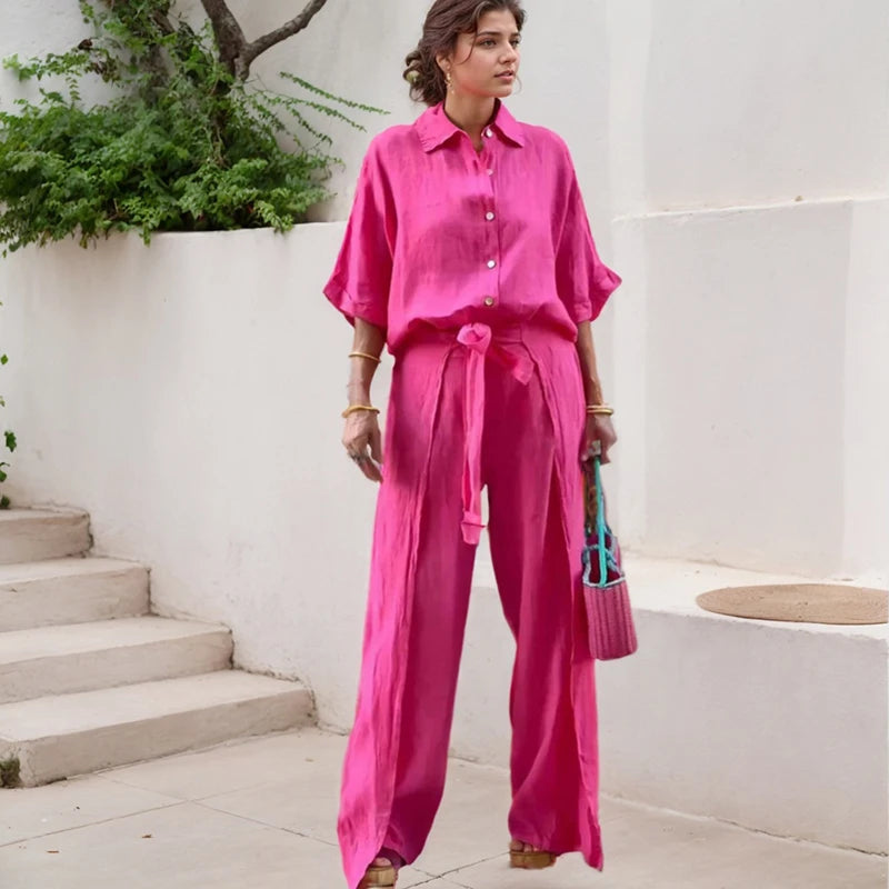 Office Lady Shirt Pants Two Piece Set Casual Single Breasted Three-quarter Sleeves Top And Belt Irregular Wide Leg Trousers Suit