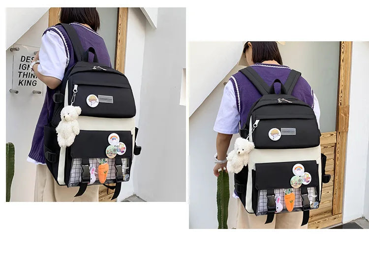 New Large-Capacity Primary School Junior High School Students Shoulders Backpack High School Five Sets of Multi-Compartment Fash