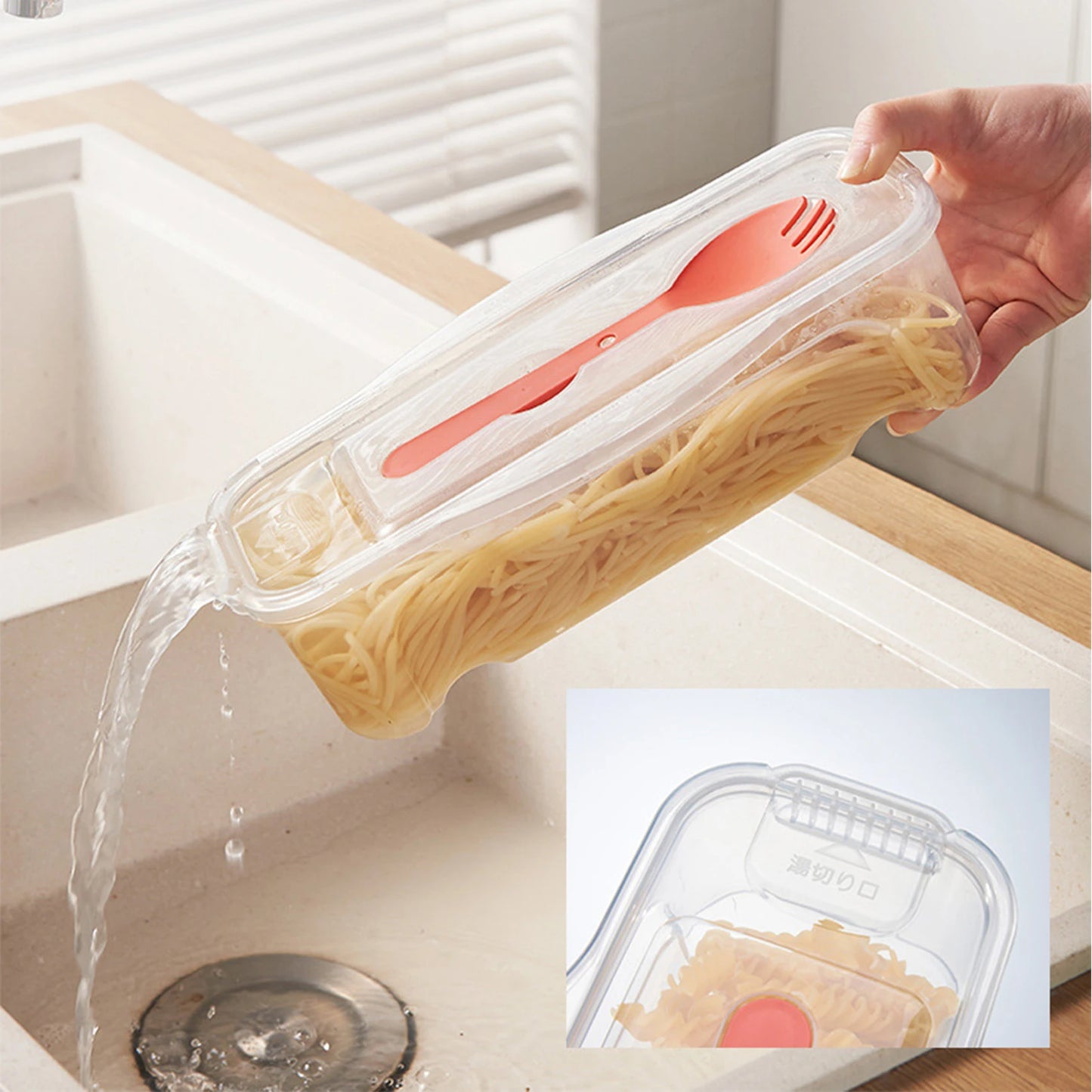 Microwave Food Boxes with Lids 44oz Food Cooking Box with Strainer & Flatware for Food Noodles Dumplings