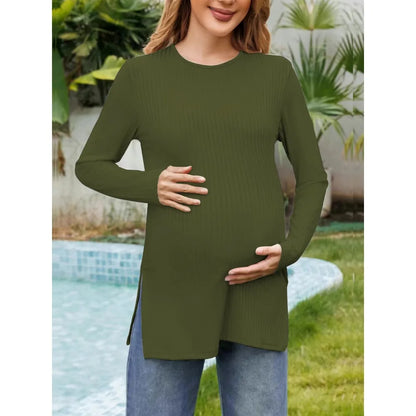 Spring New Maternity Clothes Round Neck Solid Color Slit Long Sleeve Base T-shirt Tops For Pregnant Women Maternity Wear