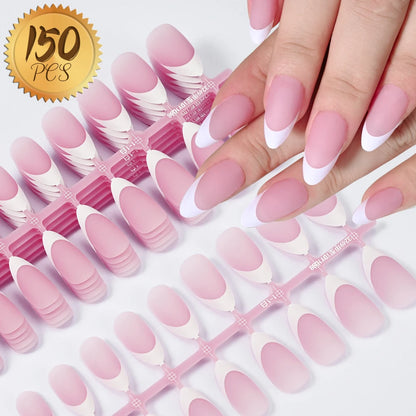 150Pcs Pre-made French False Nails Scarless Coffin Almond Fake Nail Artificial Fingernails Press on Nails for Nail Extension