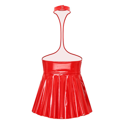 Womens Patent Leather Halter Latex Dress Wet Look Bare Breast Exposing Patent Leather Open Chest Halter Ruffled Latex Dresses