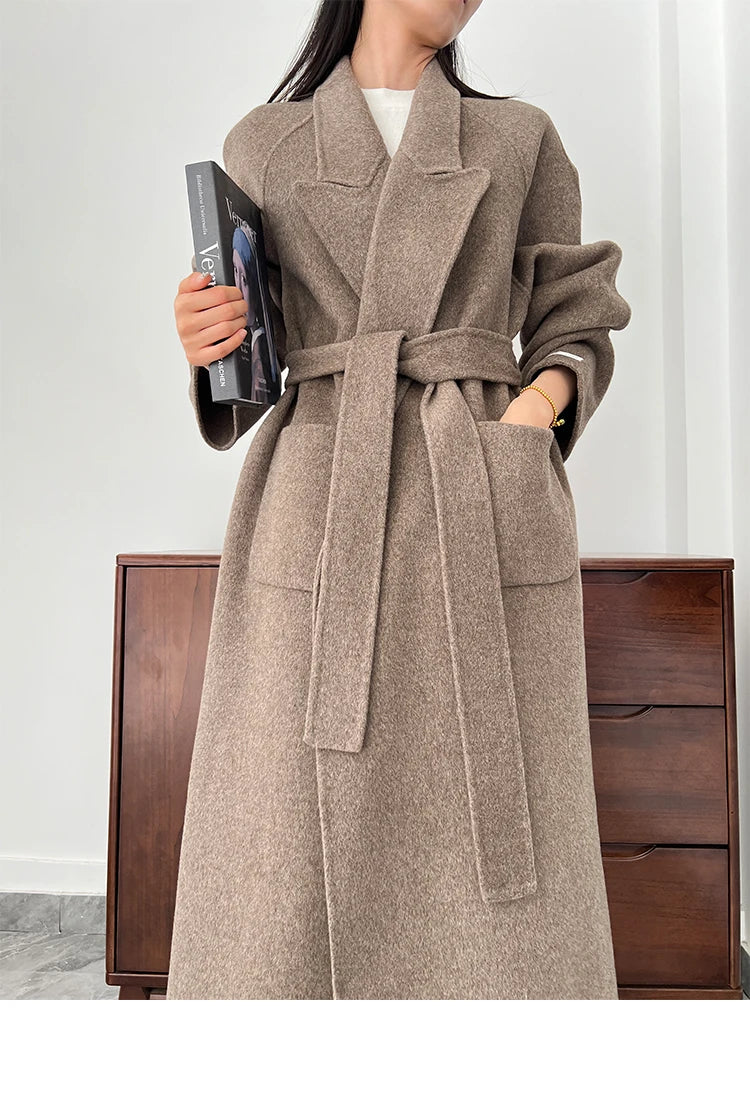 Office Lady Woolen Jackets 2024 Autumn And Winter Bathrobe Style Pocket Double-Sided Loose Lace -Up Tie Women's Long Wool Coats