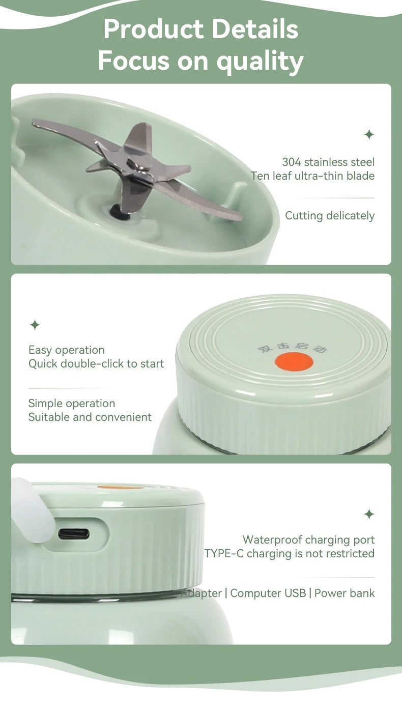 Portable Fruit Blender 800ml Multifunctional Electric Juicer Cup 10 Steel Blades Summer Milkshake Machine USB Rechargeable