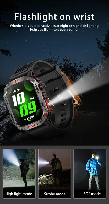 2024 New Durable Military Smart Watch Bluetooth Call Outdoor Sports Track Tracker Men's and Women's Smartwatches LED Flashlight