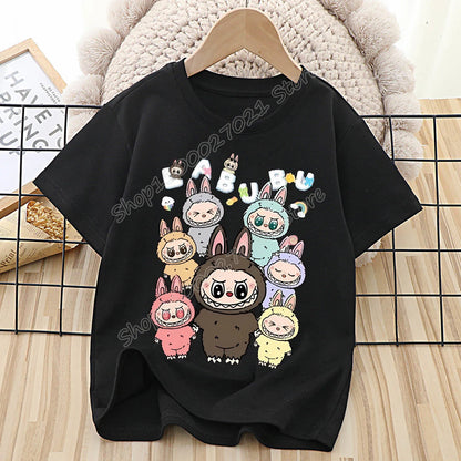 Labubu T-shirt for Children Cute Cartoon Anime Tee Top Black Short Sleeve Round Collar Clothes Fashion Kids Summer Clothing Gift