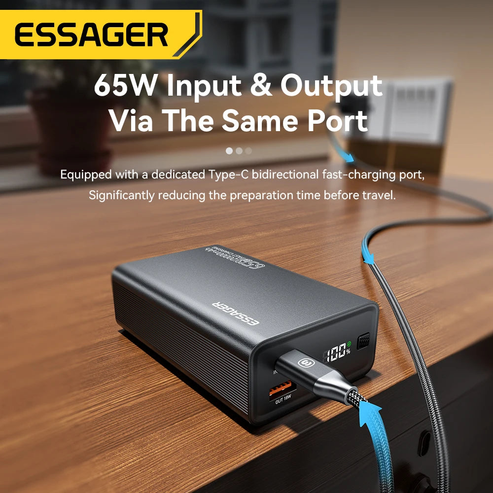 Essager 65W Power Bank 20000mAh PD Fast Charging Portable Battery Charger 3 Output Ports for iPhone 15 14 Pro Notebook Tablet