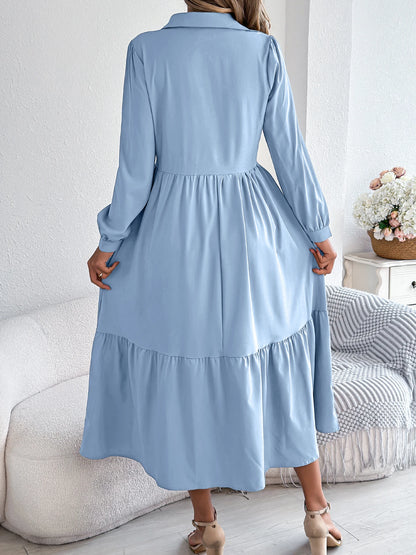 Casual Vacation Long Sleeved Turn-down Collar Single-Breasted Dress Spring Autumn Fashion Women's Clothing